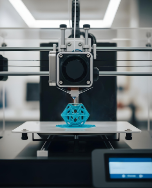 Nahaufnahme eines 3D-Druckers: der Druckkopf fährt über das Druckbett und extrudiert ein blaues, komplexes, offenes geometrisches Gittermodell vor unscharfem Labor-/Werkstatthintergrund.