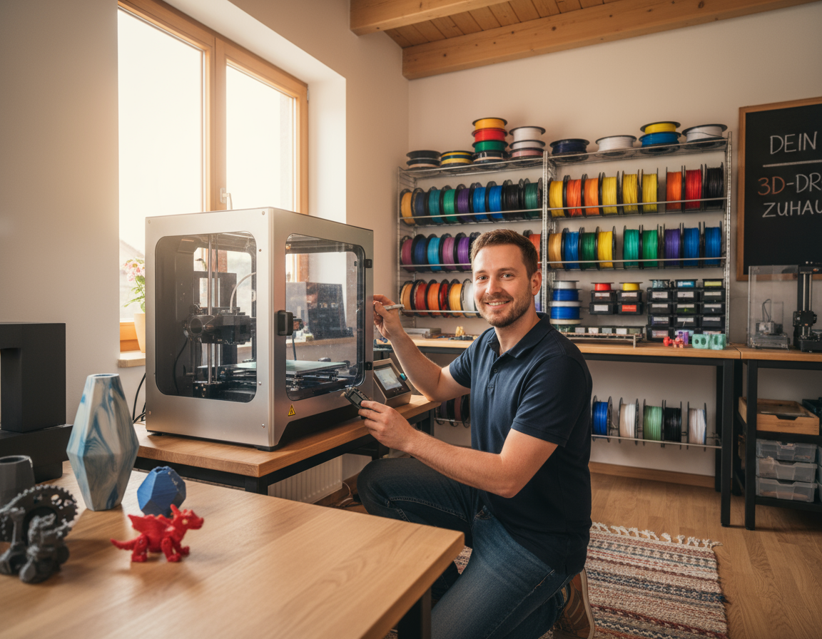 Lachender Mann in Polohemd und Jeans arbeitet an einem geschlossenen 3D‑Drucker in einer hellen Werkstatt mit Fenster, Regalen voller bunter Filamentspulen, gedruckten Modellen (roter Drache, geometrische Formen, Zahnräder) auf dem Tisch und sichtbaren Holzdeckenbalken.