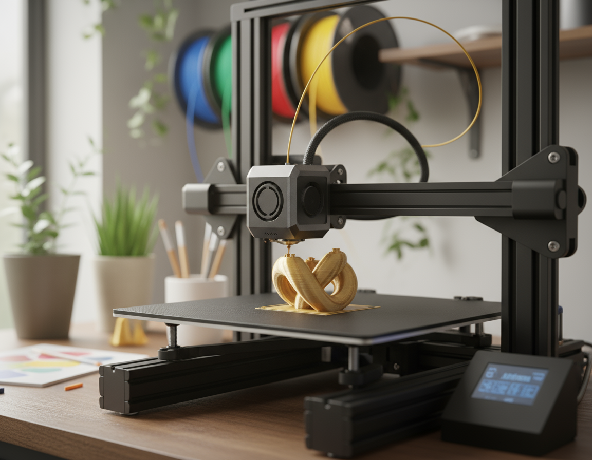 Schwarzer 3D-Drucker auf einem Holzschreibtisch, der eine goldfarbene, verschlungene Knotenskulptur druckt; im Hintergrund bunte Filamentrollen an der Wand, Topfpflanzen, Stifthalter und ein Touchscreen-Display.