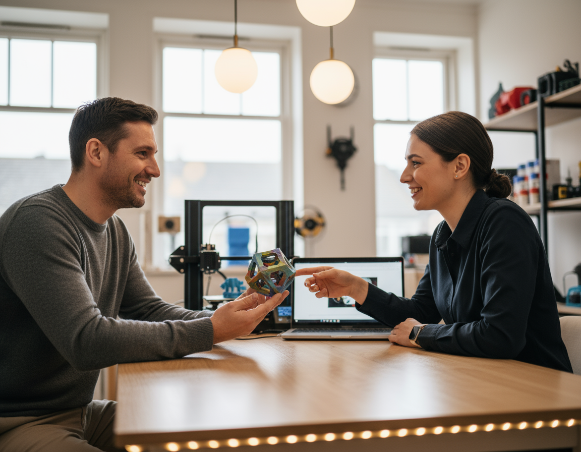 Zwei lächelnde Personen, ein Mann und eine Frau, sitzen an einem Tisch in einem Atelier und betrachten gemeinsam einen bunten 3D-gedruckten geometrischen Würfel; im Hintergrund sind ein 3D-Drucker, ein geöffneter Laptop und Regale mit Werkzeugen zu sehen.