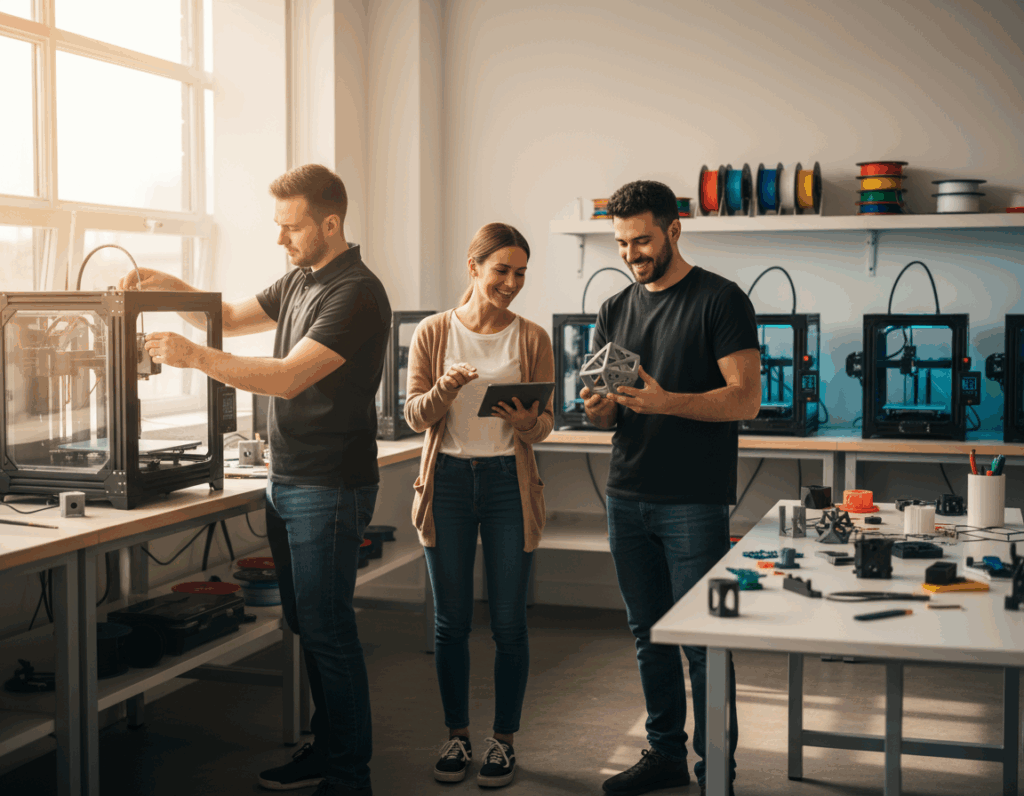 Drei Personen in einem 3D‑Druck‑Labor: ein Mann links bedient einen Drucker, eine Frau in der Mitte hält ein Tablet und lächelt, und ein Mann rechts betrachtet ein gedrucktes geometrisches Objekt; im Hintergrund mehrere 3D‑Drucker und bunte Filamentspulen.