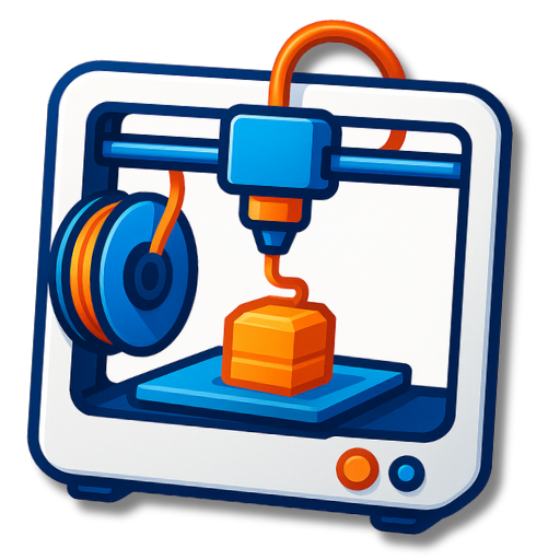 Stilisierter 3D‑Drucker in Weiß und Blau mit orangefarbener Filamentspule und Druckkopf, der einen orangefarbenen Würfel auf einer blauen Druckplatte druckt.