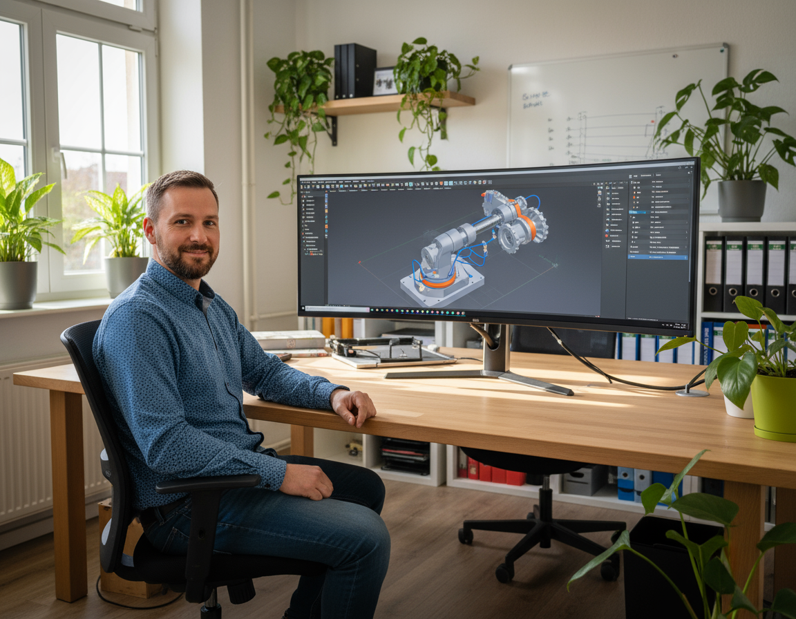 Ein lächelnder Mann sitzt an einem Schreibtisch in einem hellen Büro vor einem großen Monitor, auf dem ein 3D-Modell eines Industrieroboters angezeigt wird; Pflanzen, Regale und Ordner sind im Hintergrund zu sehen.