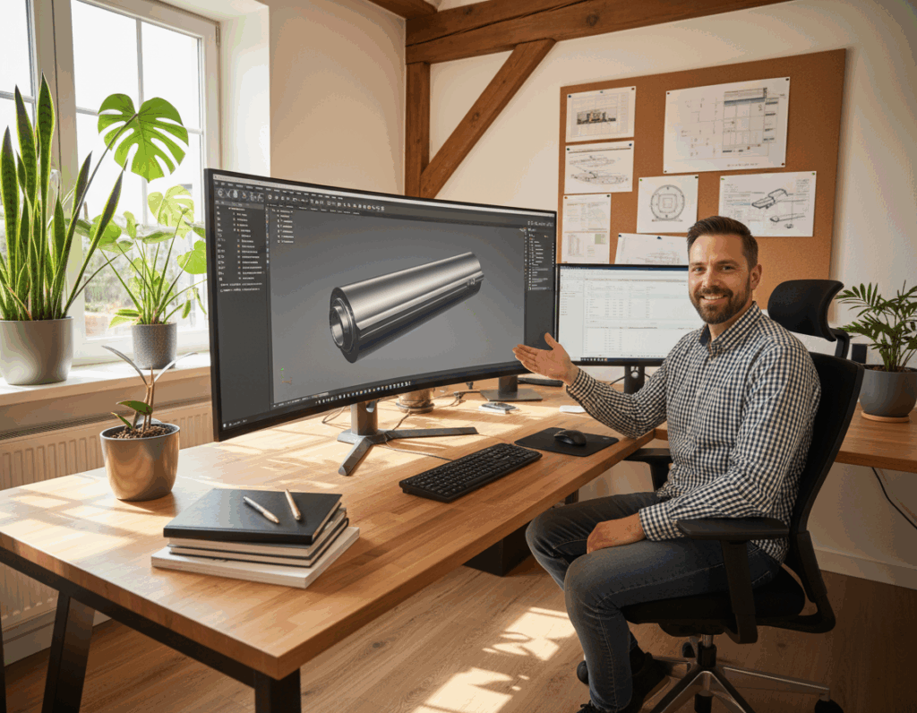 Lächelnder Mann in kariertem Hemd sitzt an einem Holzschreibtisch im Home‑Office und zeigt auf einen großen gebogenen Monitor mit einem 3D‑CAD‑Modell einer zylindrischen Metallkomponente; auf dem Tisch liegen Notizbücher, Tastatur und Pflanzen, an der Wand sind technische Zeichnungen an einer Pinnwand befestigt.