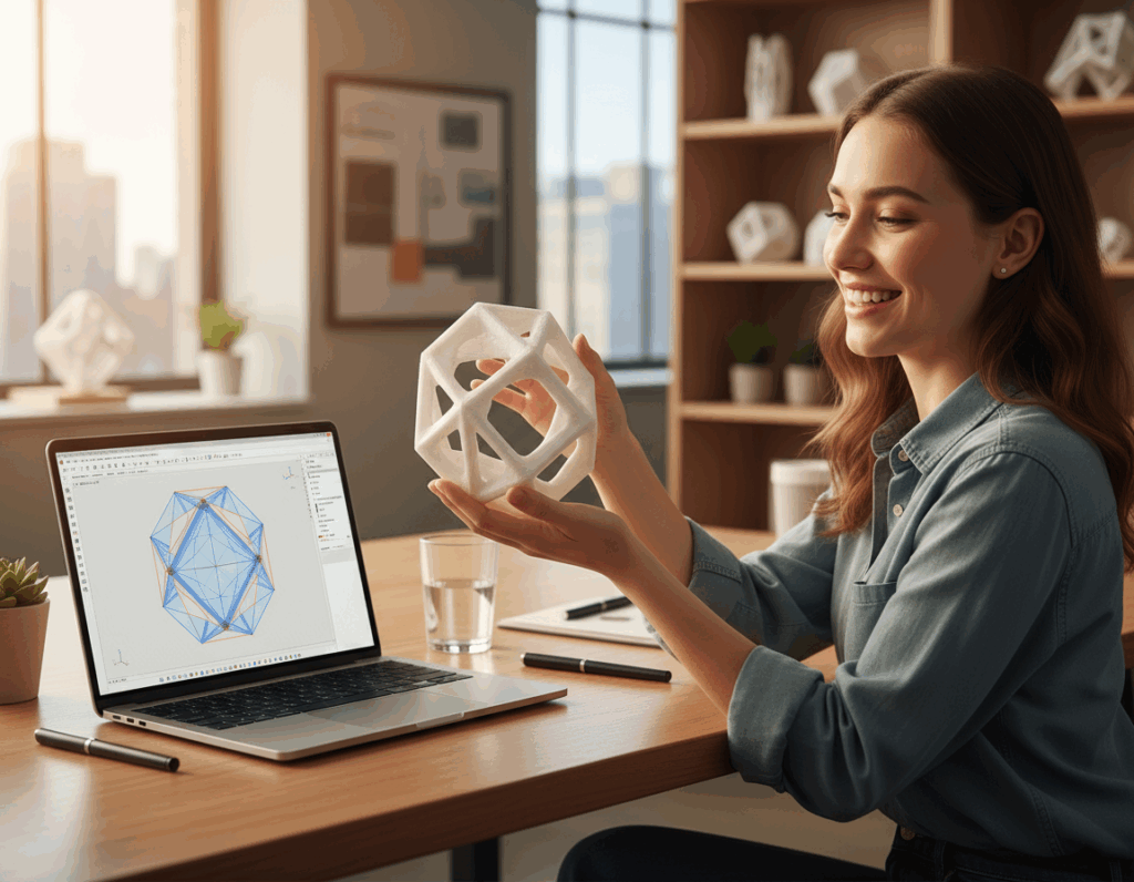 Junge Frau lächelt an einem hellen Büroarbeitsplatz und hält ein weißes, hohles, geometrisches 3D-Modell mit großen Öffnungen, während ihr Laptop daneben ein farbiges CAD-Modell derselben Form anzeigt.