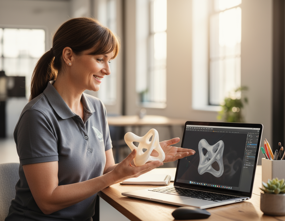 Lächelnde Frau mit Pferdeschwanz im grauen Poloshirt sitzt an einem hellen Büroschreibtisch, hält ein organisch geformtes 3D-Objekt und zeigt auf dem Laptopbildschirm dieselbe Form in einer 3D-Software.