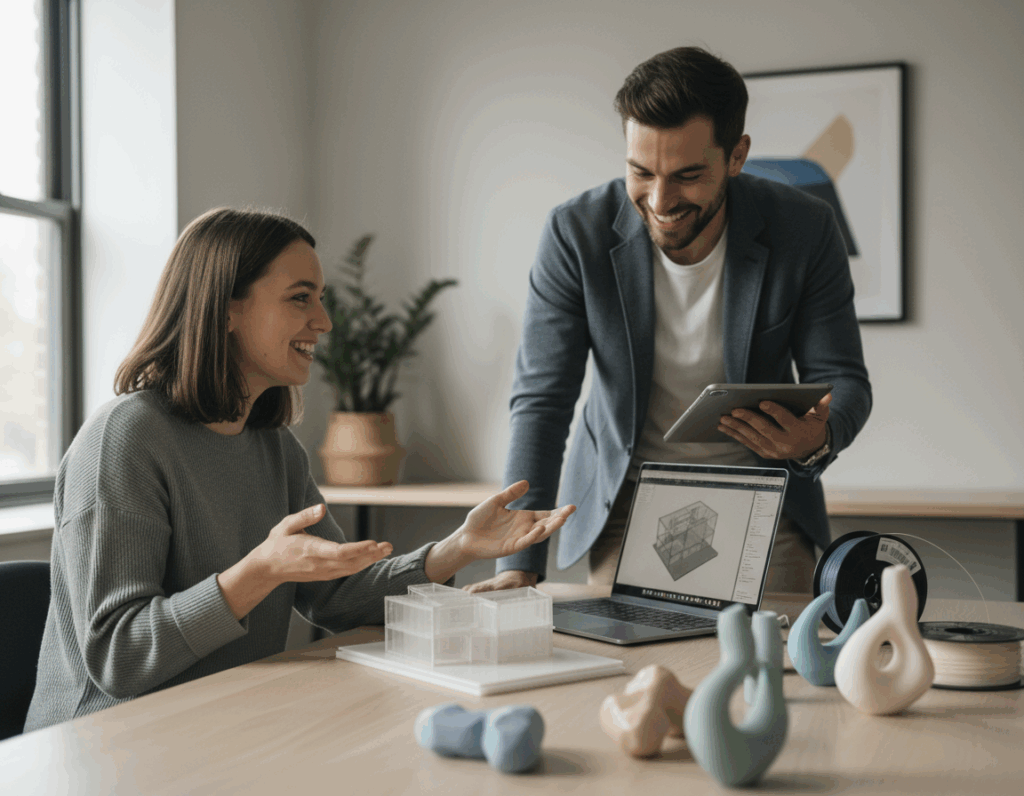 Zwei lächelnde Personen in einem hellen Büro besprechen ein transparentes Architekturmodell auf dem Tisch; ein Mann steht mit Tablet, auf dem Laptop ist eine 3D-Konstruktionsansicht zu sehen, im Vordergrund liegen geformte Objekte und eine Spule 3D-Druck-Filament.