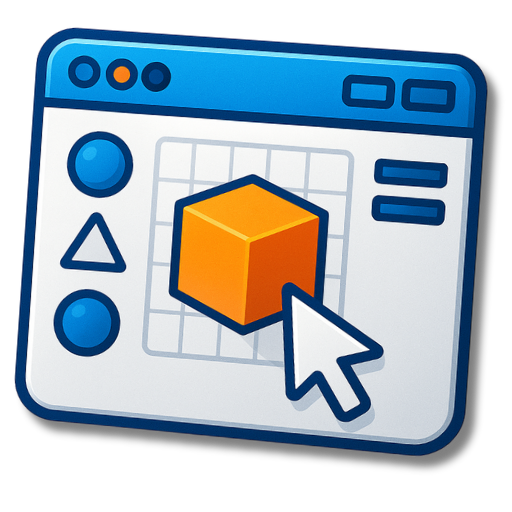 Symbolische Darstellung eines Programm-/Browserfensters mit einem orangefarbenen 3D-Würfel auf einem Gitterraster, links zwei blaue Kreissymbole und ein Dreieck, und ein großer Mauszeiger, der auf den Würfel zeigt.