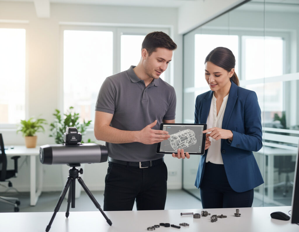 Zwei Personen in einem hellen Büro betrachten ein Tablet mit einer 3D-Konstruktion eines mechanischen Bauteils; auf dem Tisch liegen Metallteile und ein auf einem Stativ montiertes Messgerät/3D-Scanner.