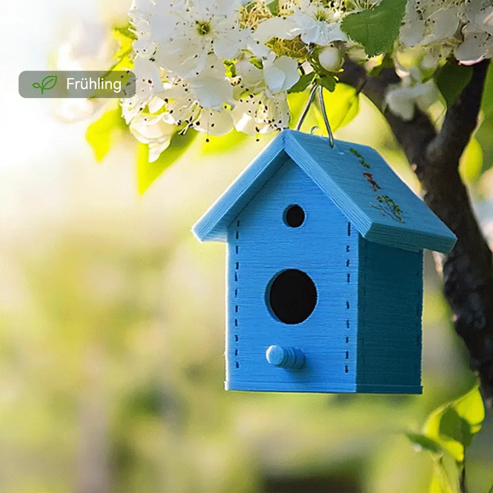 Blaues hölzernes Vogelhaus mit rundem Einflugloch und kleinem Sitzsteg hängt an einem Zweig neben weißen Blüten vor unscharfem grünem Frühlingshintergrund.
