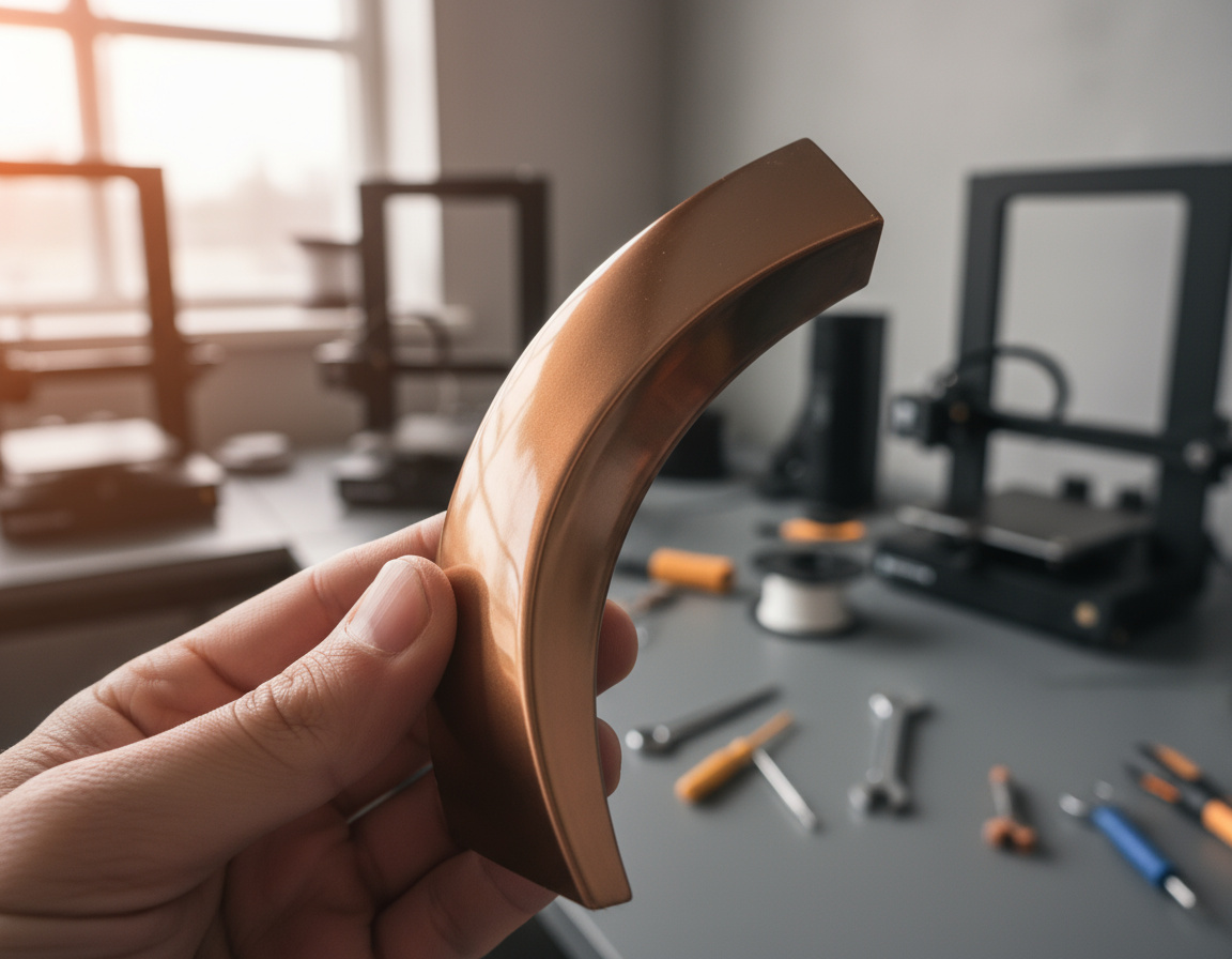 Hand hält ein gebogenes, glänzendes kupferfarbenes Bauteil vor einer verschwommenen Werkbank mit Werkzeugen und 3D-Druckern.