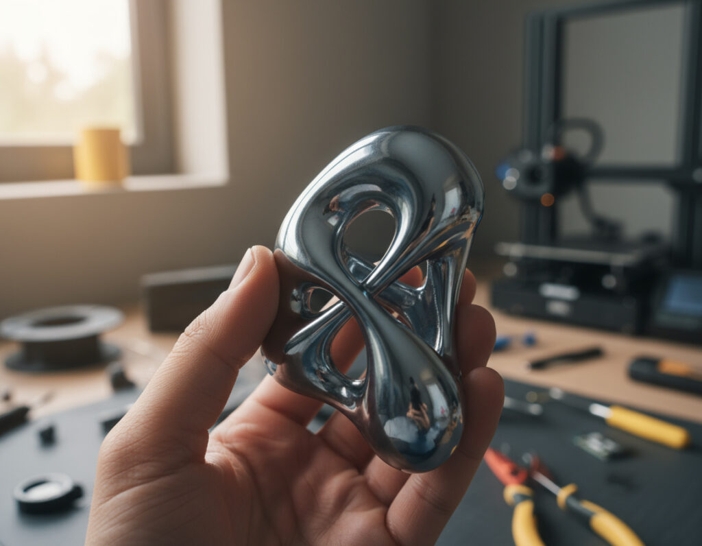 Hand hält eine hochglänzende, chromartige, organisch verschlungene Skulptur mit mehreren Öffnungen vor einem unscharfen Werkstatttisch mit Werkzeugen, Filamentrolle und einem 3D‑Drucker im Hintergrund.