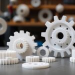 Mehrere weiße Kunststoffzahnräder und -scheiben verschiedener Größen liegen auf einer Werkbank, mit zwei großen Zahnrädern im Vordergrund und unscharfem Werkstattregal im Hintergrund.