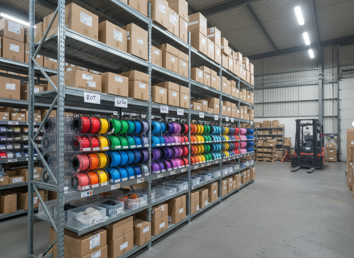 Breit aufgenommene Lagerhalle mit hohen Metallregalen voller Kartons und einer vorderen Reihe bunt sortierter Kabel- bzw. Filamentspulen in allen Farben, Beschriftungen "ROT" und "GRÜN" sichtbar und einem Gabelstapler im Hintergrund.