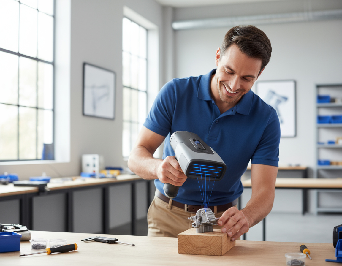 Mann in blauem Polo in einer hellen Werkstatt scannt mit einem handgehaltenen 3D-Scanner (blau leuchtende Linien) ein kleines Metallbauteil auf einem Holzblock, im Vordergrund Werkzeuge, im Hintergrund Fenster und Regale.