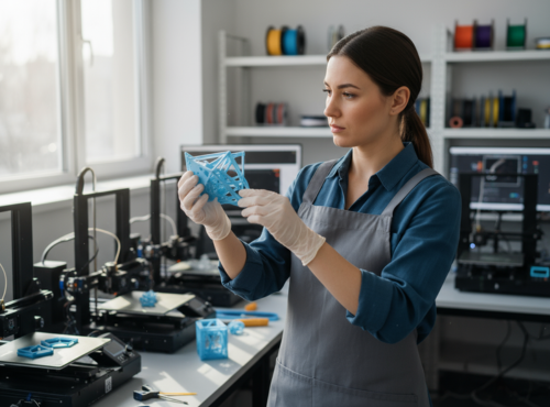 Frau mit Schürze und Einweghandschuhen betrachtet konzentriert ein blaues 3D-gedrucktes geometrisches Teil, im Hintergrund mehrere 3D-Drucker, Filamentspulen und Monitore.