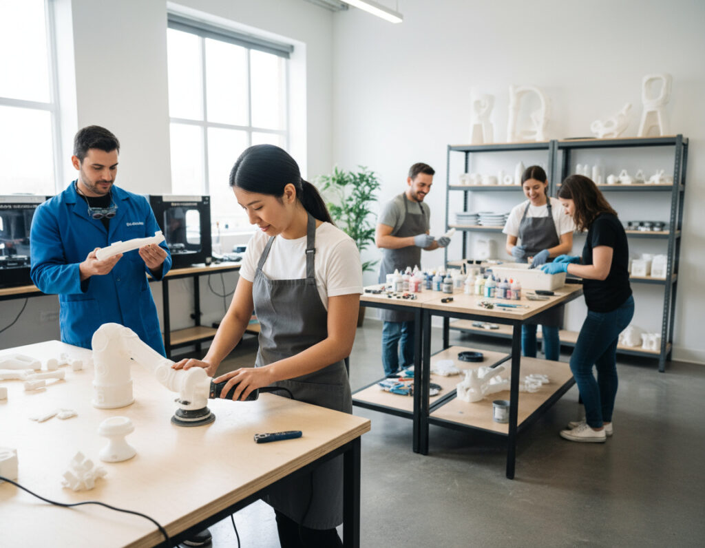 Heller Werkstattraum mit mehreren Personen: vorne eine Frau in Schürze, die ein großes weißes 3D‑gedrucktes Teil mit einem Handschleifer bearbeitet, im Hintergrund drei weitere Personen an Arbeitstischen mit Farbtöpfen, Werkzeugen und Regalen voller Modelle sowie 3D‑Drucker am Fenster.
