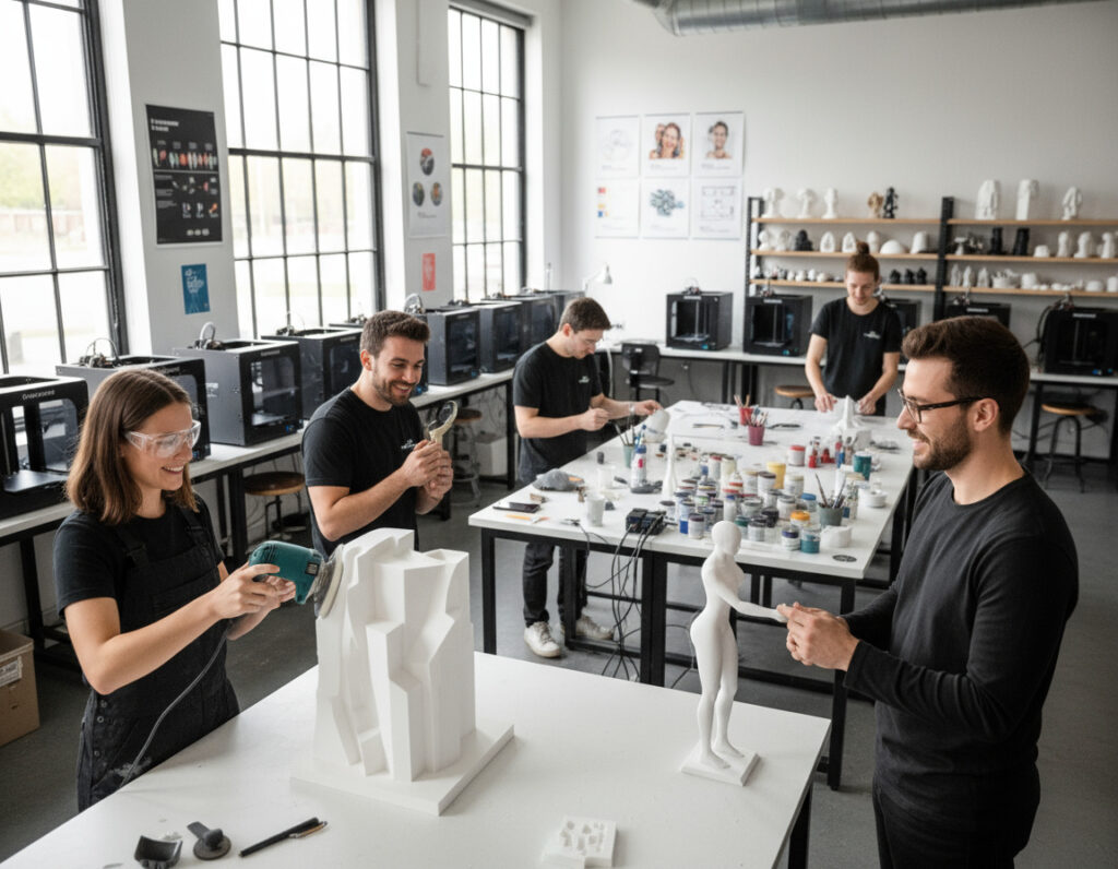 In einem hellen Werkraum arbeiten mehrere Personen an 3D-gedruckten Skulpturen: eine Frau mit Schutzbrille schleift eine weiße, eckige Plastikform, andere formen und feilen Figuren an einem Tisch mit Farben, Pinseln und Werkzeugen, im Hintergrund stehen mehrere 3D-Drucker vor großen Fenstern.