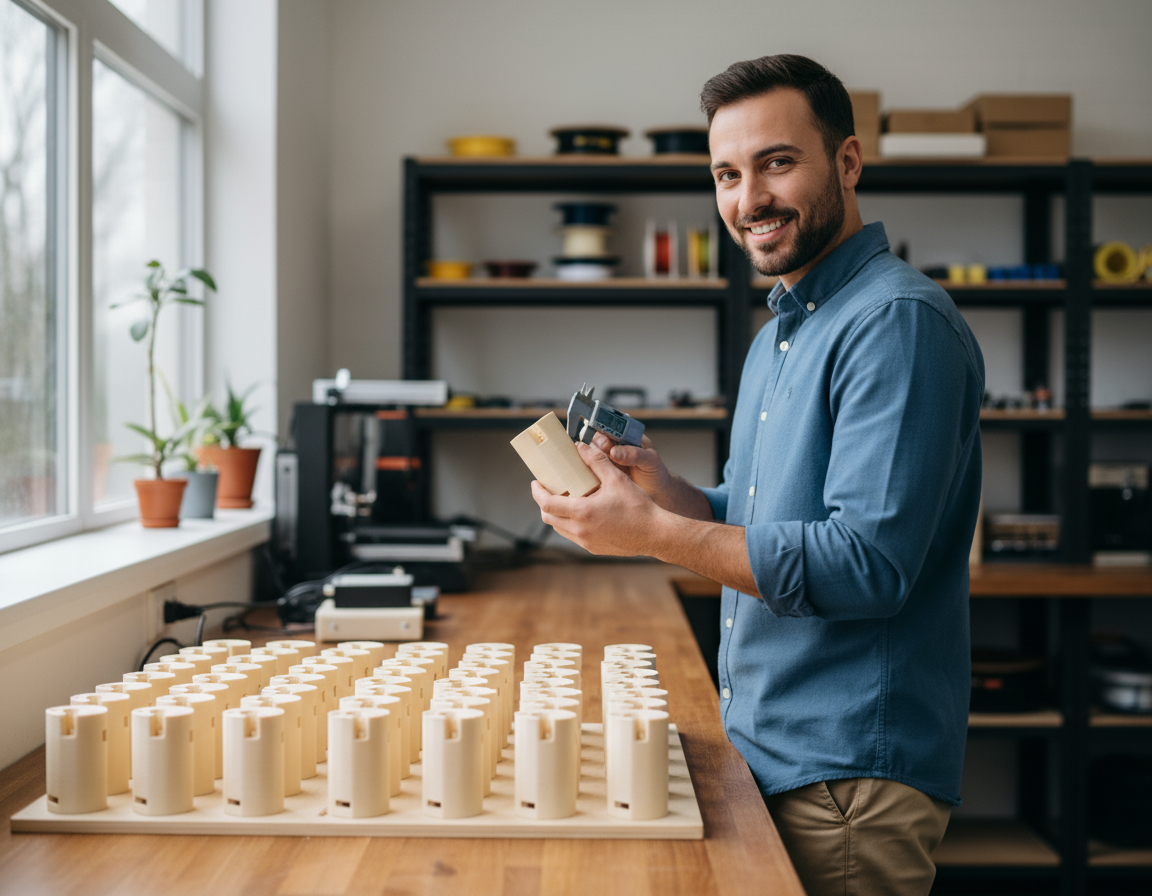 Ein lächelnder Mann mit Bart und blauem Hemd misst in einer Werkstatt mit einem Messschieber eine zylindrische Holzkomponente, während viele identische Holzstücke auf dem Tisch liegen und Regale mit Werkzeugen, Rollen und einem 3D‑Drucker im Hintergrund stehen.