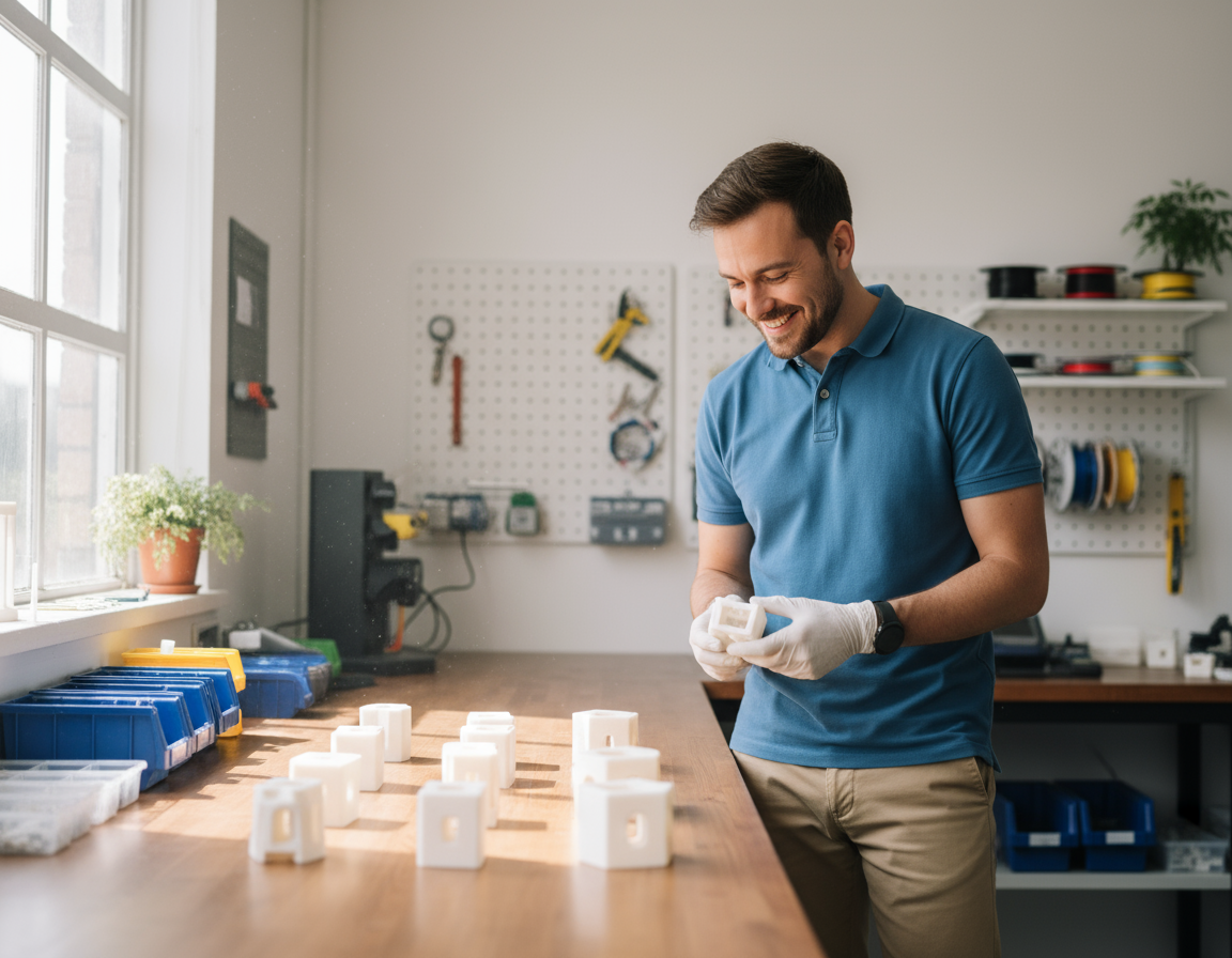 Lächelnder Mann in blauem Poloshirt und Handschuhen inspiziert an einer hellen Werkbank ein weißes 3D-gedrucktes Bauteil, mehrere gleiche Teile liegen auf dem Tisch; im Hintergrund eine Werkzeugwand und Rollen mit Filament.