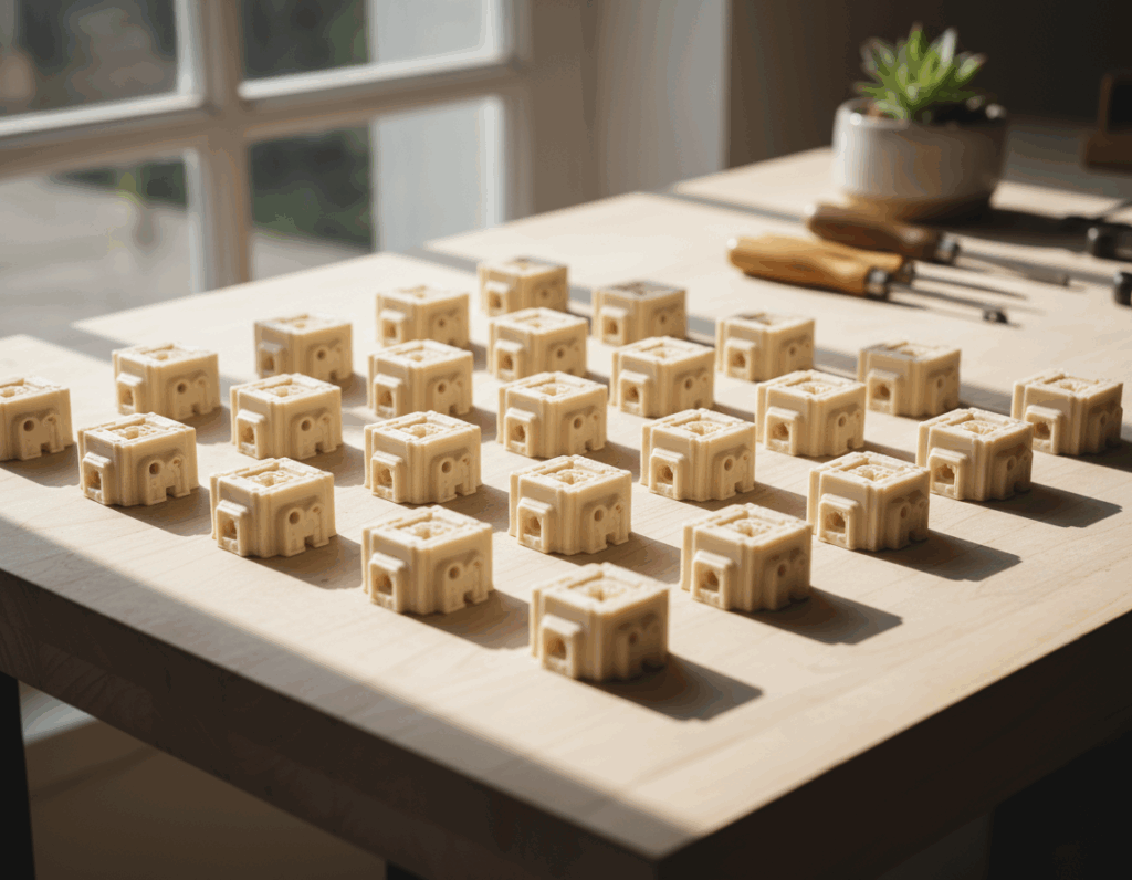 Reihen aus kleinen hellen Miniaturhäuschen in Würfelform, gleichmäßig auf einem hellen Holzbrett angeordnet, beschienen von Sonnenlicht durch ein Fenster, mit Schnitzwerkzeugen und einem kleinen Sukkulenten im Hintergrund.