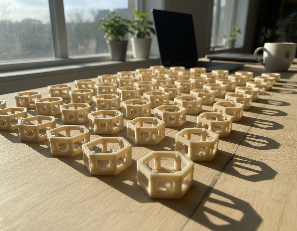 Viele kleine, beige 3D-gedruckte sechseckige Bauteile in gleichmäßigen Reihen auf einem Holztisch im Sonnenlicht, mit Laptop, Topfpflanzen und einer dampfenden Kaffeetasse im unscharfen Hintergrund.