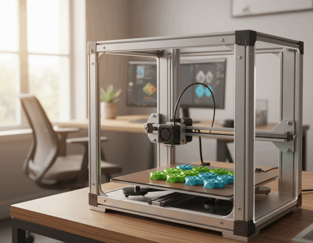 Geschlossener FDM‑3D‑Drucker mit Aluminiumrahmen auf einem Büroschreibtisch, dessen Druckkopf gerade grünblaue, zahnradartige Objekte auf der beheizten Bauplatte fertigt; im unscharfen Hintergrund Monitor, Bürostuhl und Topfpflanze.