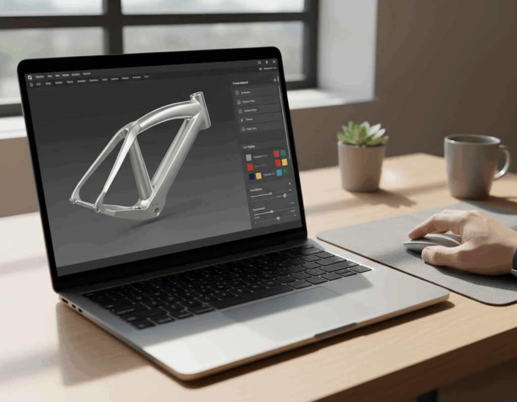 Auf einem hellen Schreibtisch zeigt ein aufgeklappter Laptop in einer 3D-Designsoftware ein silbernes Fahrradrahmen-Modell; rechts bedient eine Hand eine Maus, neben dem Rechner stehen eine kleine Topfpflanze und eine Kaffeetasse.