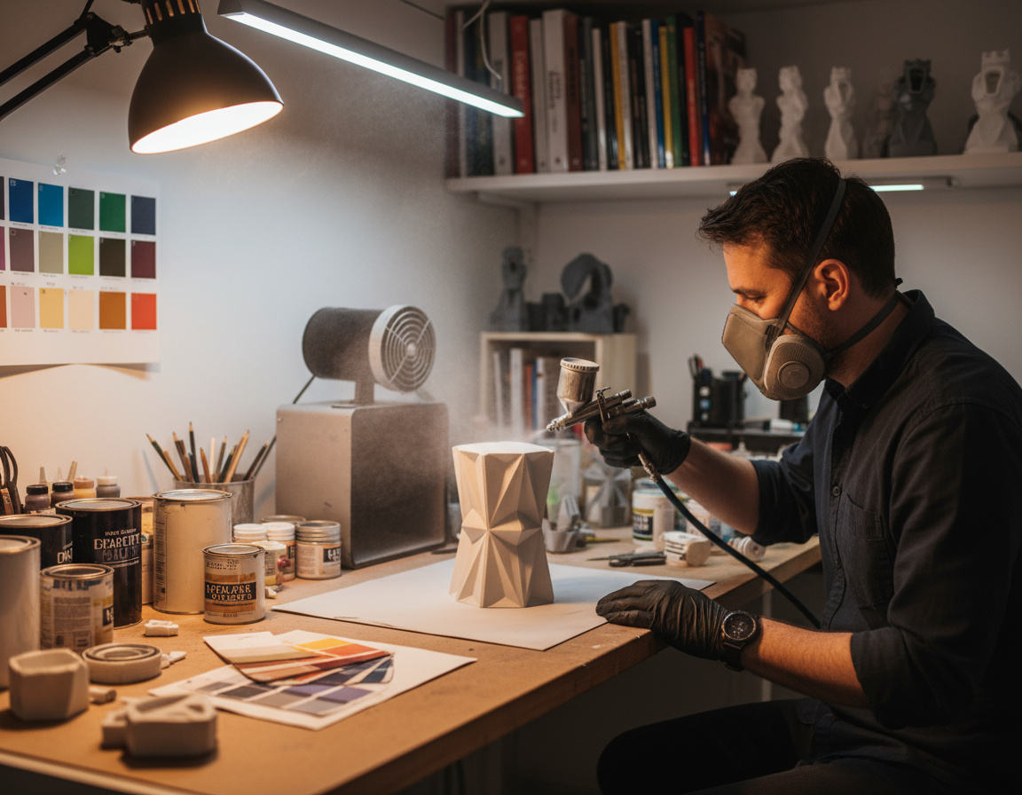 Eine Person mit Atemschutzmaske und Handschuhen sprüht in einer gut ausgeleuchteten Werkstatt mit einer Spritzpistole eine geometrisch facettierte Vase, umgeben von Farbdosen, Farbkarten, Pinseln und einem Ventilator auf der Werkbank.