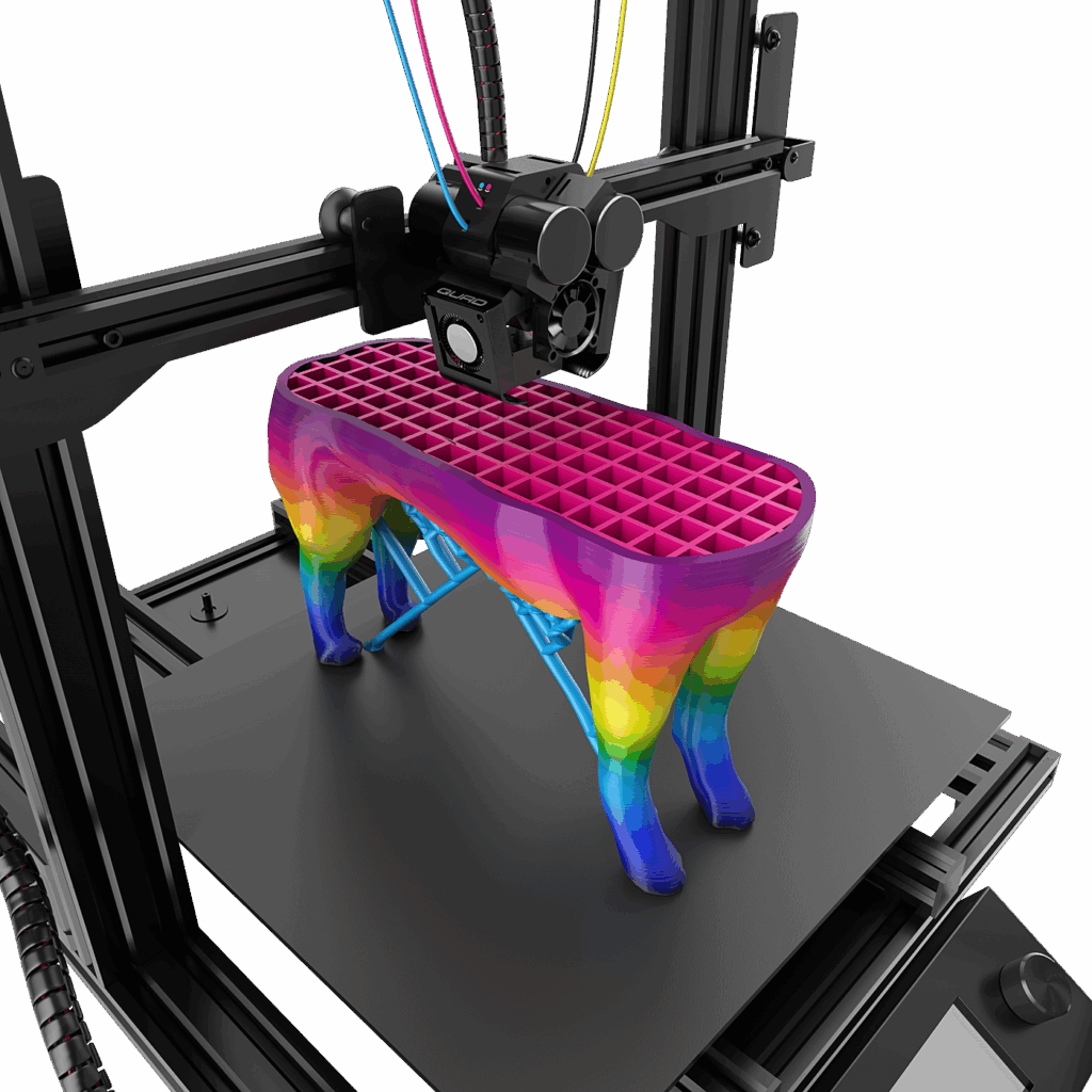 3D-Drucker mit beweglichem Extruder, der eine bunte, regenbogenfarbene Bank mit wabenartiger Gitteroberfläche, vier organisch geformten Beinen und blauen Stützstrukturen auf der Druckplatte erstellt.