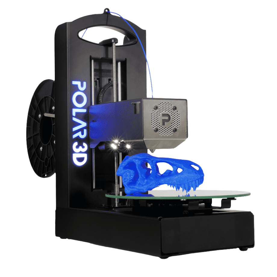 http://Kompakter%20schwarzer%20Polar3D-Desktop-3D-Drucker%20mit%20leuchtendem%20POLAR3D-Logo,%20einer%20Filamentspule%20und%20blauem%20Filament,%20das%20zu%20einem%20halb%20fertigen%20leuchtblauen%20Dinosaurierschädel%20auf%20der%20runden%20Bauplatte%20extrudiert%20wird.
