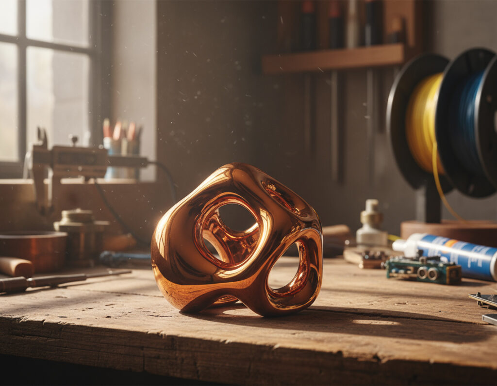 Glänzende, organisch geformte kupferfarbene Skulptur mit mehreren runden Durchbrüchen steht auf einer verwitterten Holzwerkbank in einer Werkstatt, im Hintergrund unscharfe Werkzeuge, Kabelspulen und warmes Licht durch ein Fenster.