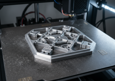 Auf der Bauplatte eines 3D-Druckers liegt ein sechseckiges, metallisch wirkendes Bauteil mit komplexen inneren Strukturen und Stützmaterial, während der Druckkopf darüber positioniert ist.