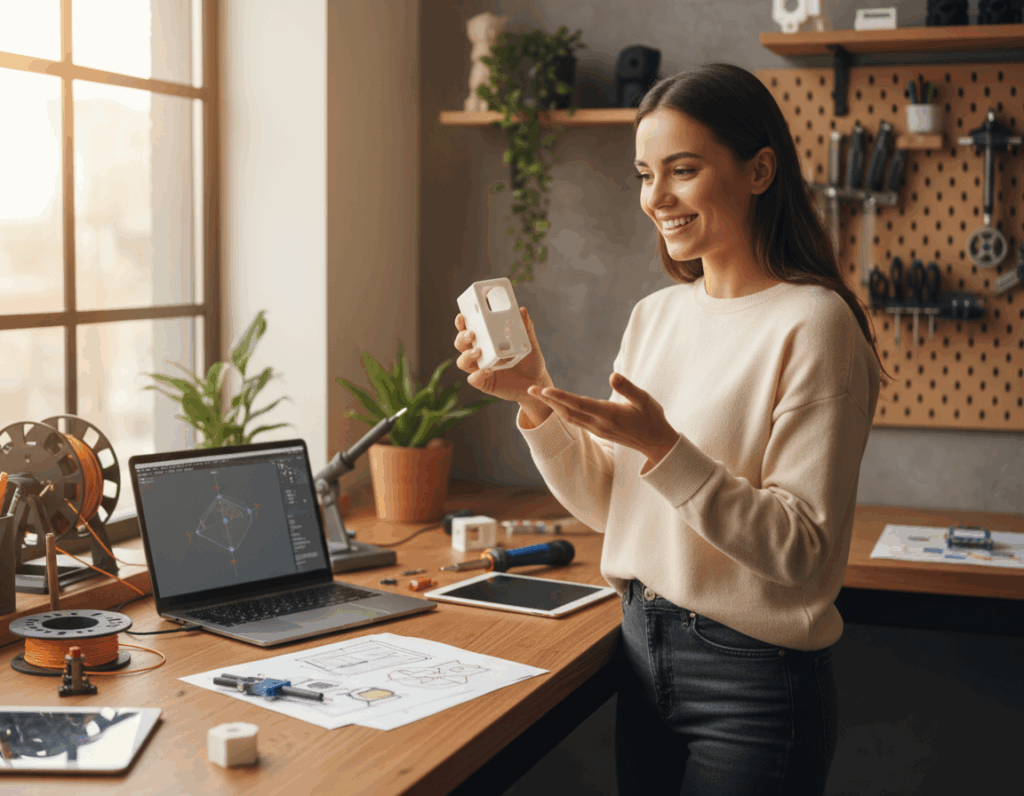 Junge Frau in hellem Pullover steht an einem sonnigen Werkstisch in einem Home-Workshop und hält lächelnd ein kleines weißes Gehäuse (vermutlich 3D-gedruckt); auf dem Tisch sind ein Laptop mit 3D-Modell, technische Skizzen, Werkzeuge, Filamentspulen und Pflanzen zu sehen.