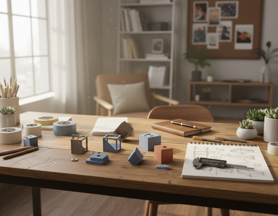 Holztisch in einem hellen Atelier mit verstreuten geometrischen Modellwürfeln und -formen, einem Skizzenblock mit technischen Zeichnungen und Messschieber, Schreibutensilien, Klebebändern und Sukkulenten, im Hintergrund Sessel, Regale und Pinnwand.