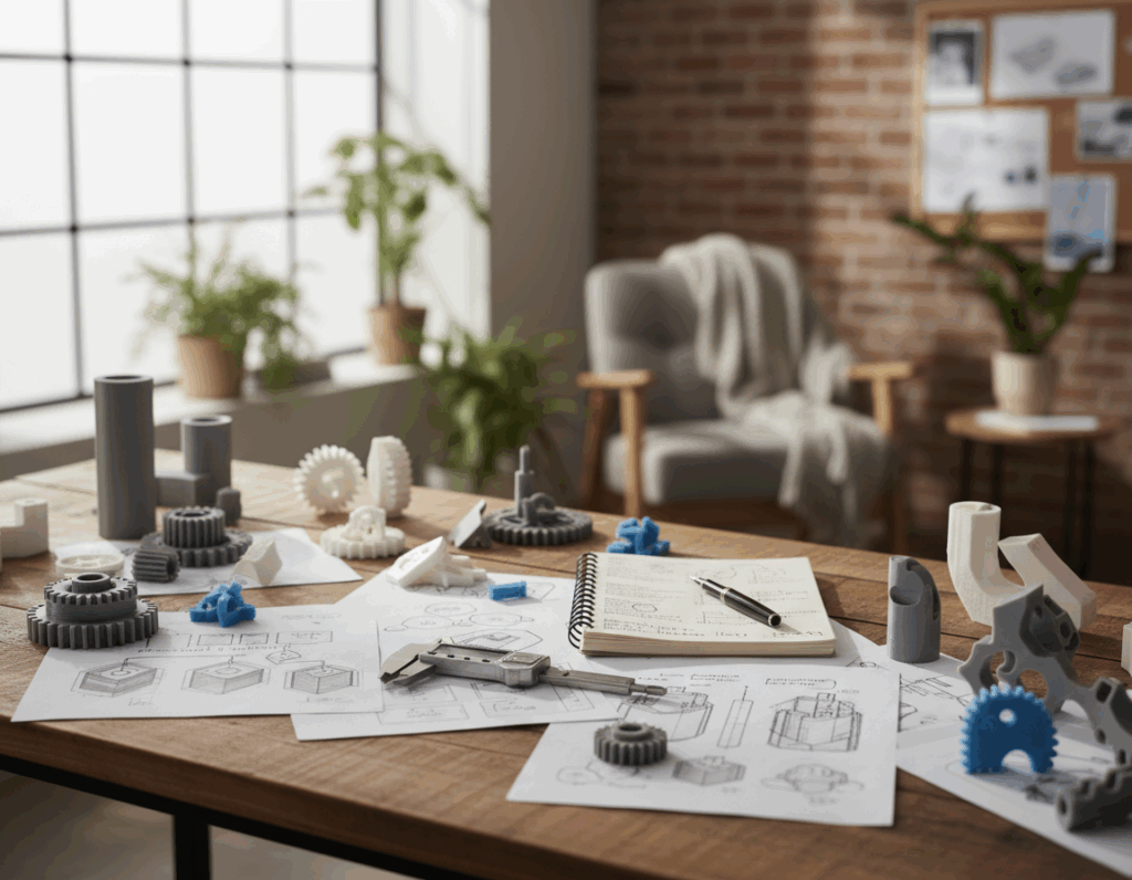 Holztisch in einem hellen Designstudio mit verstreuten technischen Skizzen, einem Notizbuch und Stift, Messschieber sowie mehreren 3D‑gedruckten Prototypen und Zahnrädern in Grau, Weiß und Blau; im Hintergrund Pflanzen, ein Sessel mit Plaid und eine Backsteinwand.