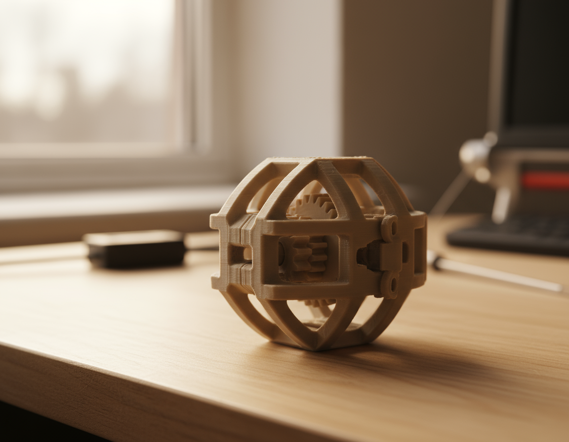Offene, kugelförmige Mechanik aus hellbraunem 3D‑gedrucktem Material mit sichtbaren Zahnrädern auf einem Holzschreibtisch vor einem Fenster; im unscharfen Hintergrund ein Laptop und ein Schraubenzieher.