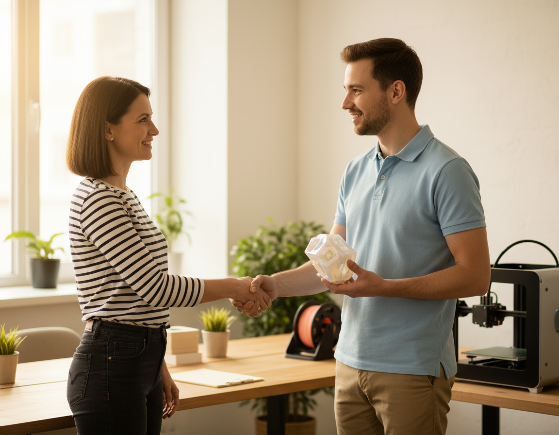 Frau und Mann schütteln sich in einem hellen Büro, der Mann hält ein durchscheinendes 3D‑gedrucktes geometrisches Modell, im Hintergrund stehen ein 3D‑Drucker und Pflanzen auf einem Tisch.