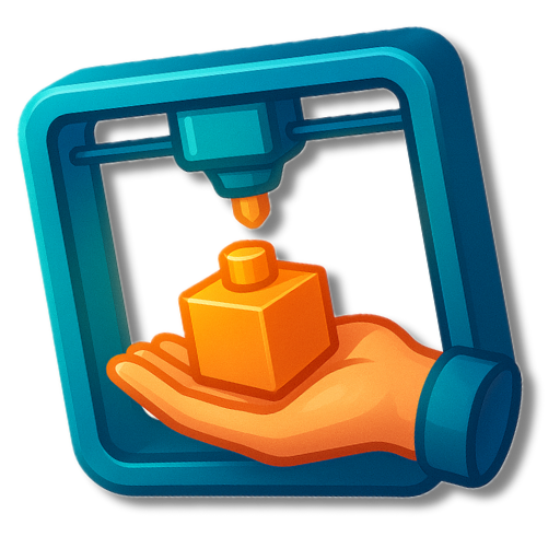 Stilisierte Icon-Illustration eines türkisfarbenen 3D-Druckrahmens mit Düse, die ein orangefarbenes Würfelchen auf eine geöffnete Hand druckt.