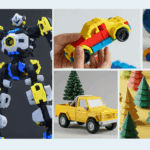 Collage aus bunten Kinderspielzeugen: kleine Holzhäuschen mit hängenden Figuren, ein gelb‑blau‑weißer Bauroboter, Hände, die ein farbiges Plastikauto halten, Globus mit Zahlen und Miniaturwagen, ein Spielzeugbagger, ein gelber Pickup vor einem Miniaturbaum, stilisierte Holz‑Tannenbäume und ein Turm aus gestapelten bunten Bausteinen.