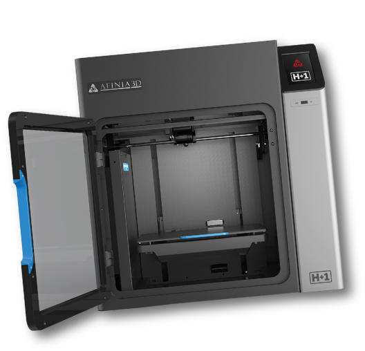 Grau‑schwarzer Afinia H+1 3D‑Drucker mit geöffneter Glastür und blauem Griff, sichtbarer leerer Bauplattform im Inneren und Steuerfeld an der rechten Seite.