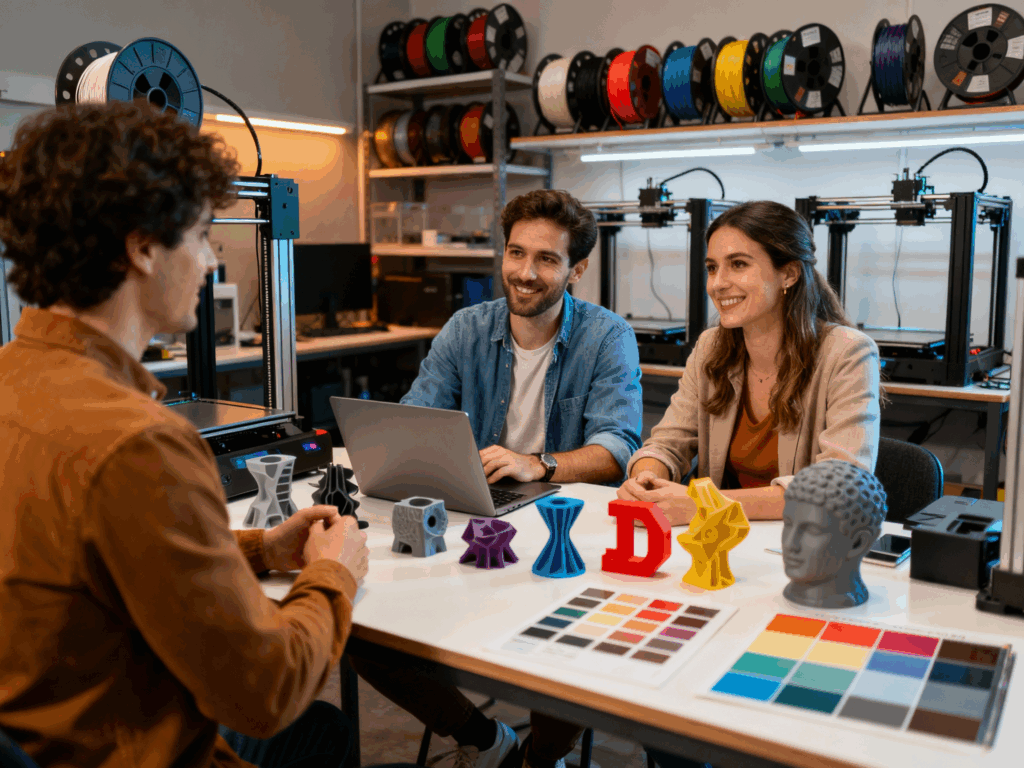 Drei lächelnde Personen sitzen an einem Tisch in einer Werkstatt mit mehreren 3D-Druckern und Rollen bunten Filaments und besprechen verschiedene 3D-gedruckte Modelle sowie Farbmuster.