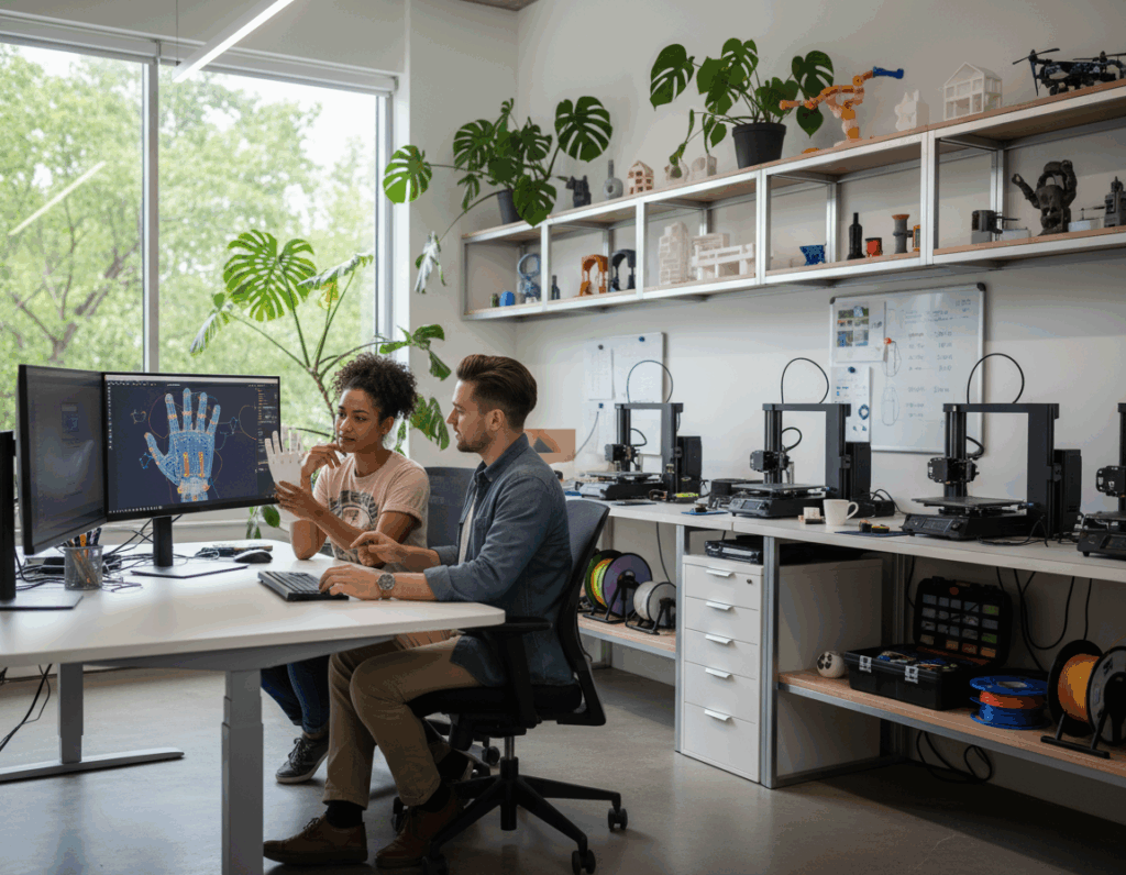 Zwei Personen sitzen an einem Schreibtisch und besprechen ein 3D-gedrucktes Handmodell, auf dem großen Monitor ist ein drahtgitteriges 3D-Modell der Hand zu sehen; im Hintergrund stehen mehrere Desktop-3D-Drucker, Filamentrollen und Regale mit Prototypen.