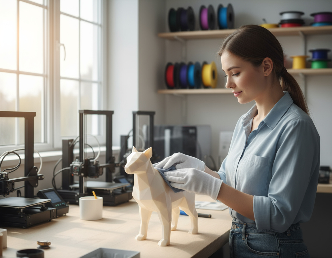 Frau in einem hellen Werkraum, die mit weißen Handschuhen eine geometrische, 3D-gedruckte Hundeskulptur abwischt; im Hintergrund stehen mehrere 3D-Drucker auf dem Tisch und bunte Filamentspulen auf Regalen.
