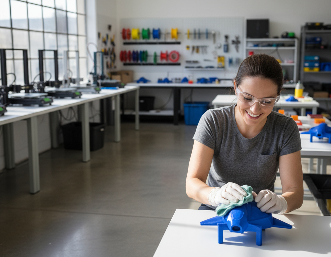 Frau mit Schutzbrille und Handschuhen wischt in einer Werkstatt ein blaues 3D‑gedrucktes Modell (flugzeugähnlich) auf einem Tisch, im Hintergrund Reihen von 3D‑Druckern und bunten Filamentspulen an der Wand.