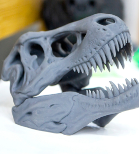 Grau gefärbtes Dinosaurier-Schädelmodell mit geöffnetem Kiefer und zahlreichen spitzen Zähnen, auf hellem Untergrund vor unscharfem Hintergrund.