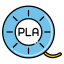 Rundes blaues Symbol mit weißem Innenkreis, in dessen Mitte der schwarze Schriftzug PLA steht, flankiert von kurzen schwarzen Strichen links und rechts sowie drei kleinen Markierungen am oberen Rand.