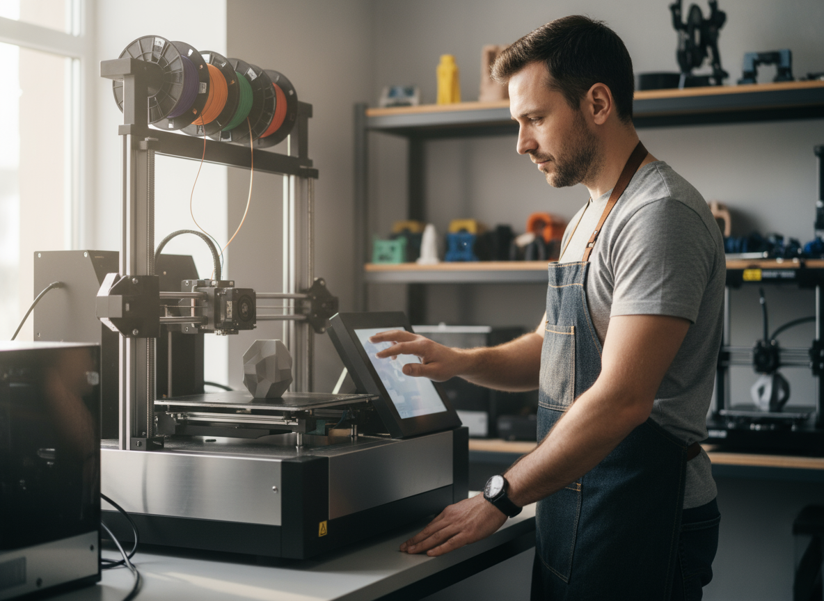 Mann mit Jeansschürze bedient in einer hellen Werkstatt einen 3D-Drucker über ein Touchdisplay; bunte Filamentrollen sind oben aufgereiht, ein facettiertes Modell liegt auf der Druckplatte und Regale mit weiteren Prototypen stehen im Hintergrund.