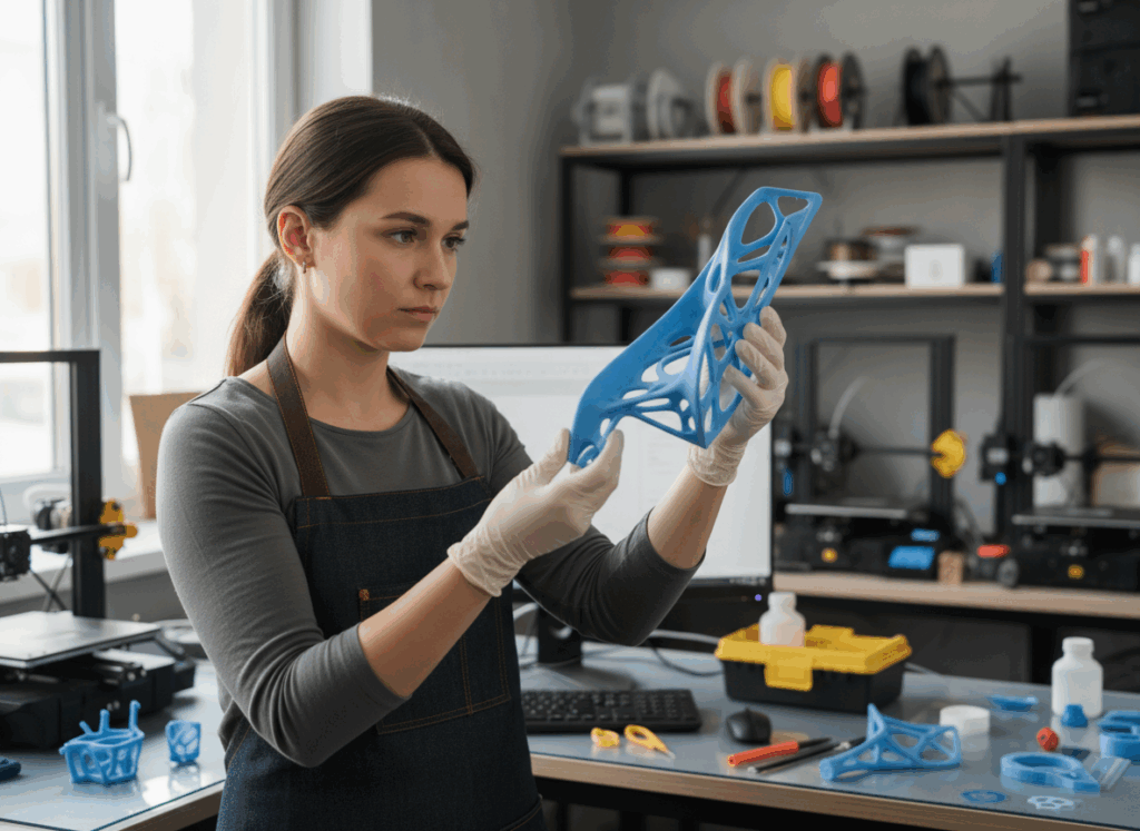 Frau in Schürze und Einweghandschuhen betrachtet in einer Werkstatt ein blaues, organisch geformtes 3D-gedrucktes Bauteil; im Hintergrund stehen 3D-Drucker, Spulen und Werkzeuge.