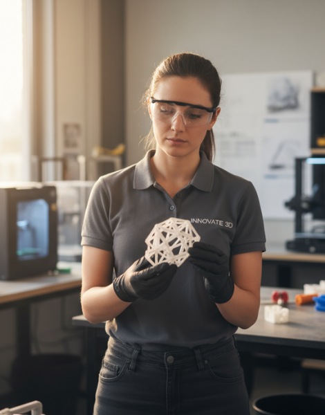 Frau mit Schutzbrille und schwarzen Handschuhen, trägt ein dunkles Poloshirt mit der Aufschrift INNOVATE 3D, hält in einem hellen 3D‑Drucker‑Labor ein weißes, gitterartiges 3D‑gedrucktes Polyeder und betrachtet es konzentriert.